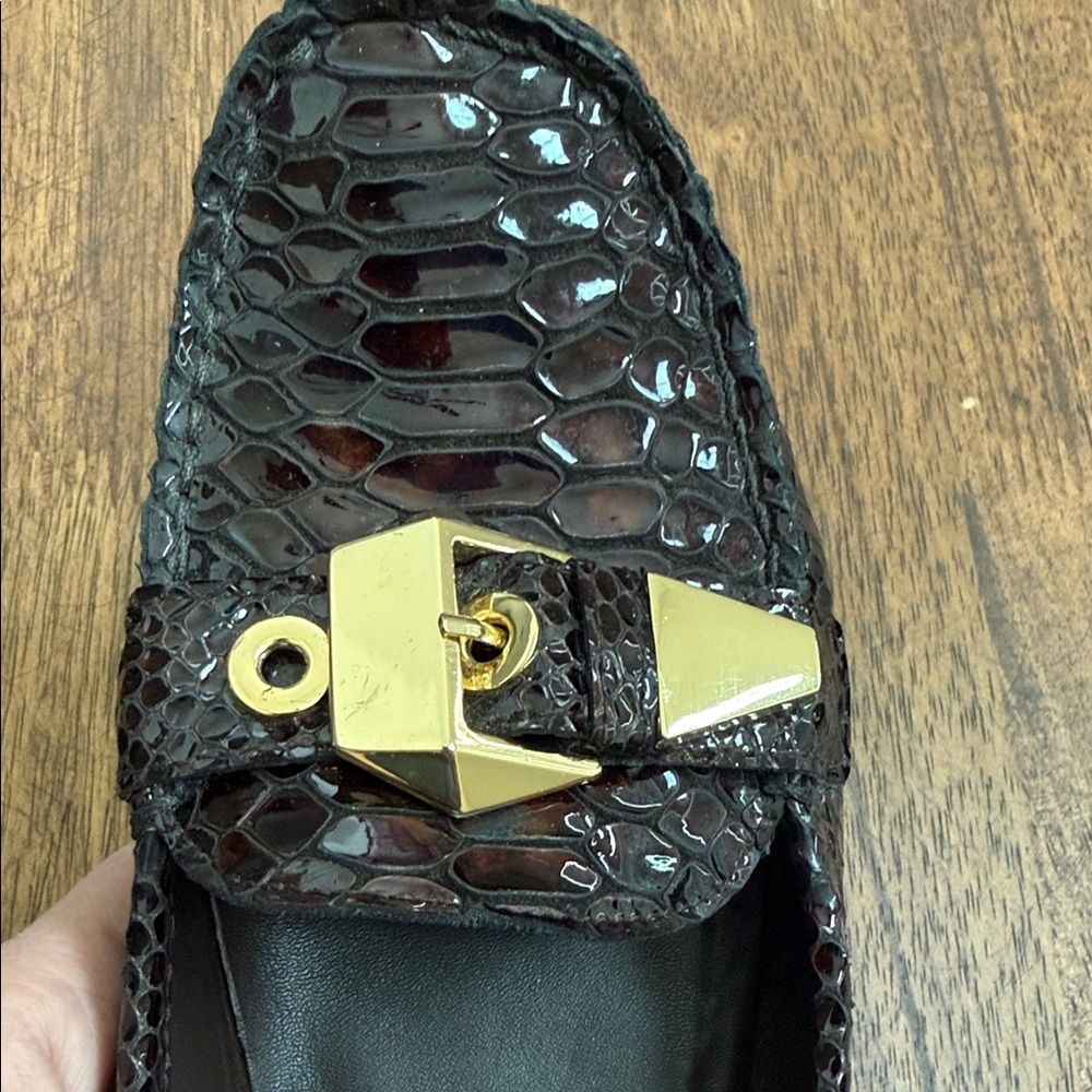 Stuart Weitzman Brown Snake-Embossed Loafers with Gold Buckle - Picture 3 of 10